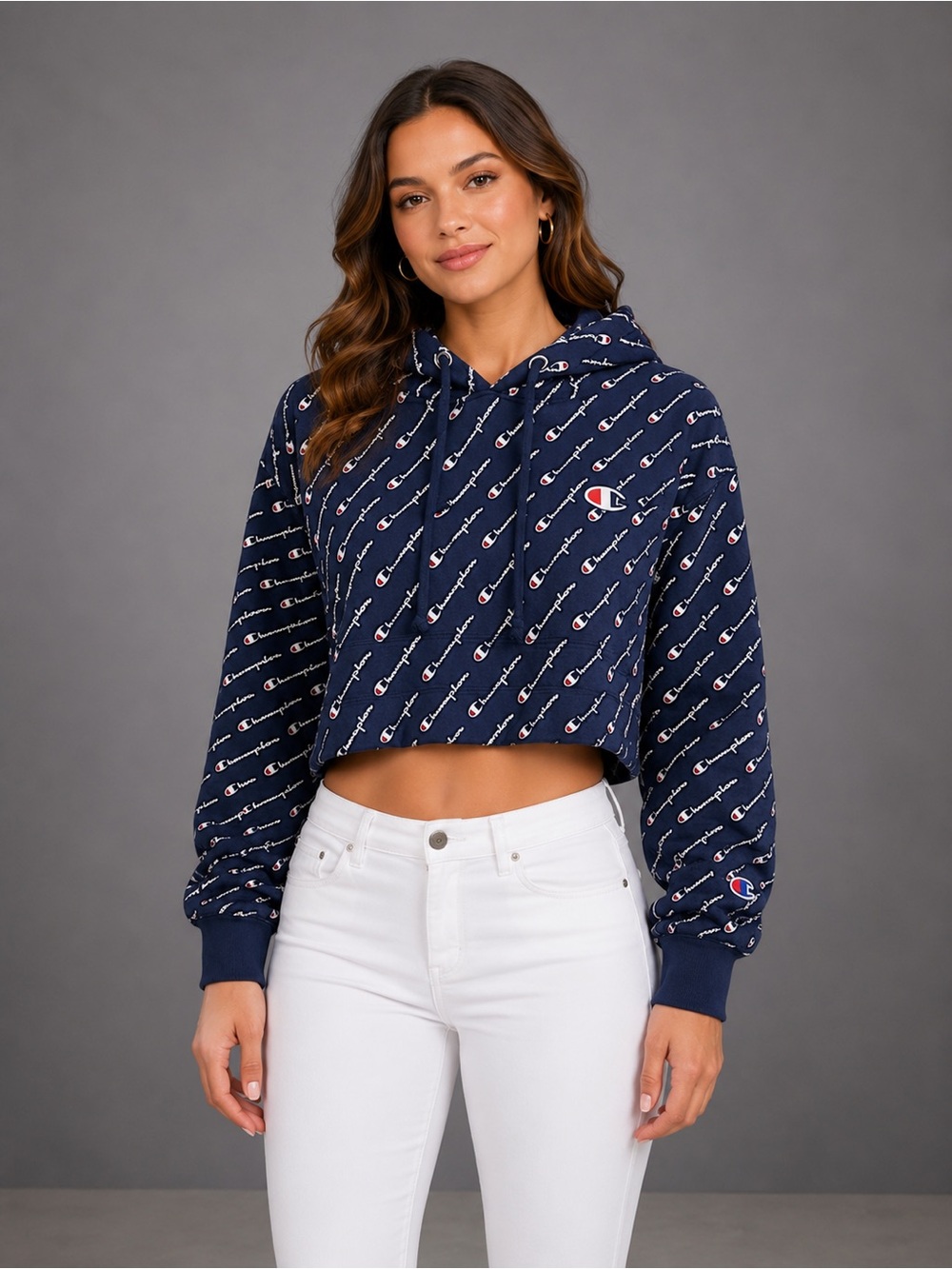 Champion Women's Blue Logo Print Cropped Hoodie